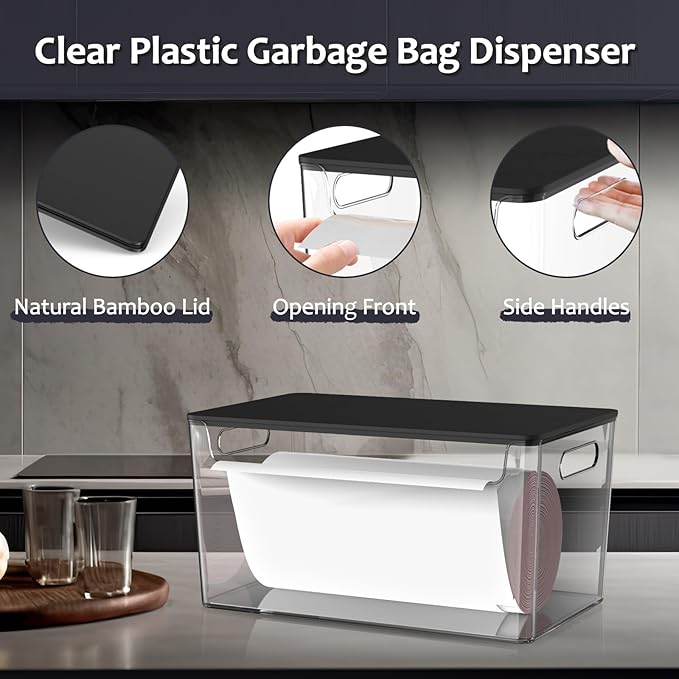 2 Pack Trash Bag Holder Under Sink Stackable, Plastic Garbage Bag Dispenser with Lid, Trash Bag Storage Dispenser Roll Holder for Kitchen, Pantry, Laundry Room Organization (Black Lid)