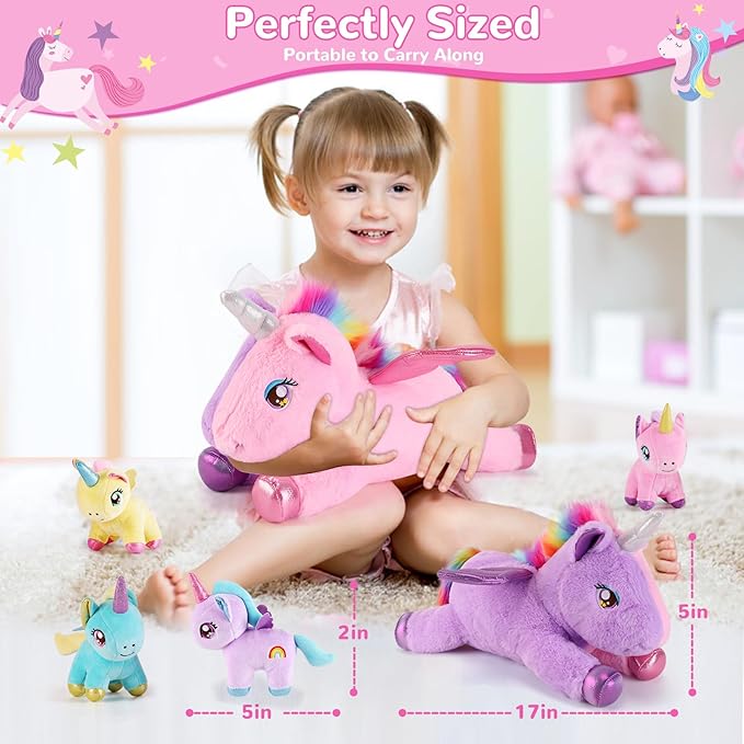 5 Pieces Unicorn Stuffed Animals - 1 Mommy Stuffed Unicorn with 4 Babies - Unicorns Gifts for Girls Ages 3-8, Unicorns Plush Toys for Christmas, Valentine's, Birthday Gifts (Pink & Purple)