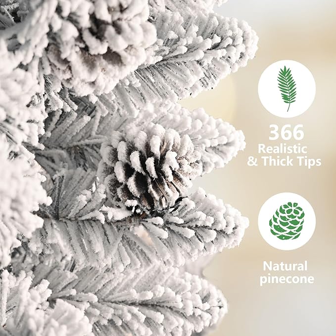 4ft Unlit Snow Flocked Christmas Tree, Artificial Christmas Tree with Pine Cones,366 Branch Tips, Premium Spruce Full Xmas Tree for Easy Holiday Setup, Foldable Metal Base