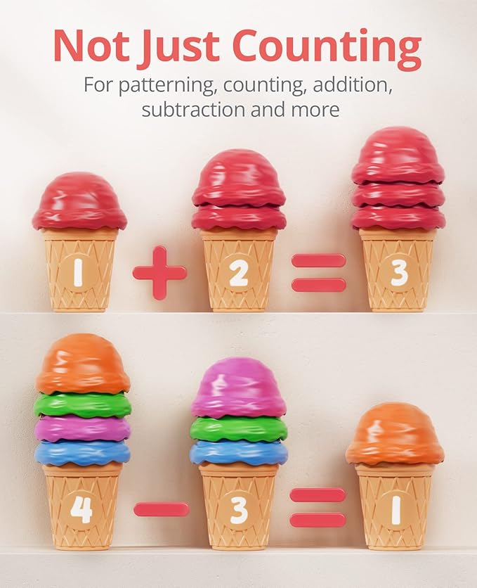 JoyCat Ice Cream Preschool Learning Activities Counting and Color Sorting Set Stacking Toys for Kids 3-5, Safety Fine Motor Skills Toy, Math Learning Resources Easter Basket Stuffers for Toddler 65PCS