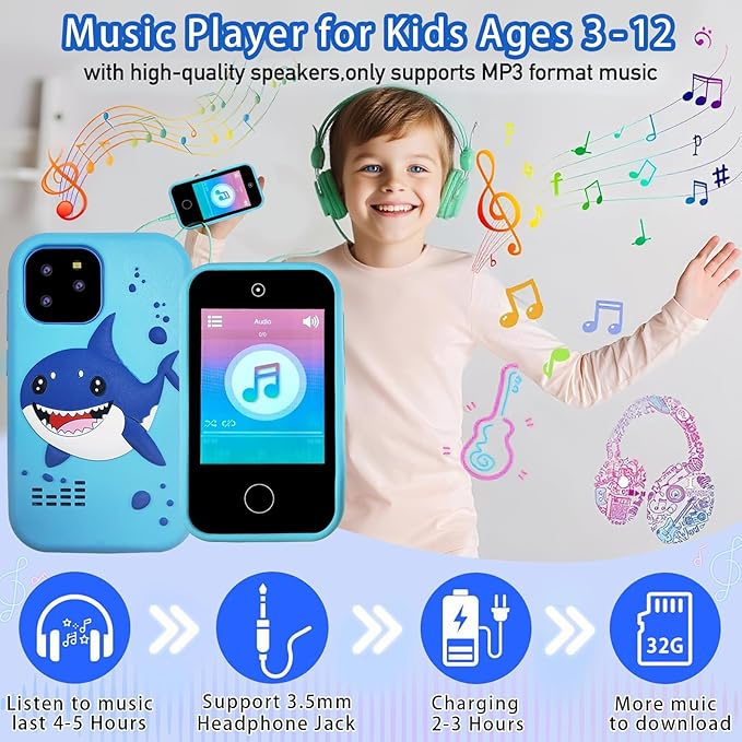 Kids Smart Phone, Shark Toys Phone for Boys 3-12 , Dual Camera, 2.8'' Touchscreen Kid Phones, Educational Toy for Toddler Kids Christmas Birthday Gifts, ABC Learning, Habit Tracker 32 GB Card Blue