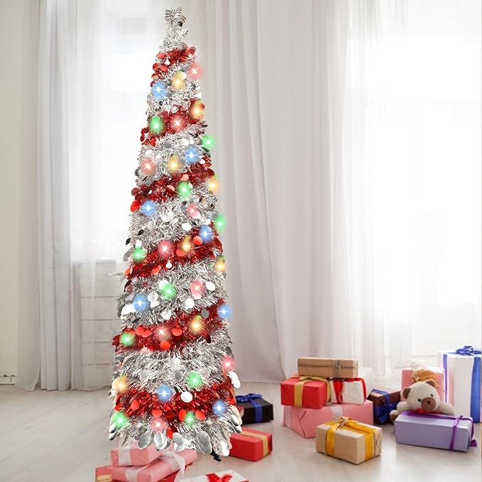 5FT Christmas Trees with 90 Lights, Collapsible Artificial Sequin Pop Up Christmas Tree, Tinsel Slim Pencil Christmas Tree for Home Holiday Fireplace Party Indoor Outdoor Xmas Decorations (Sliver&Red)