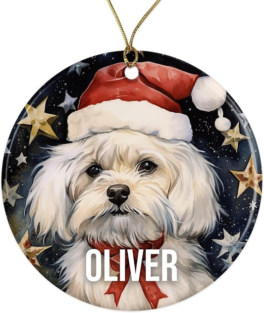 Maltese Personalized Dog Ornament - Pet Ornament for Christmas Tree - 3" Round Ceramic - Printed in USA - Choose from 200 Breeds - Dog Mom & Dad - Xmas Decoration DOG0140