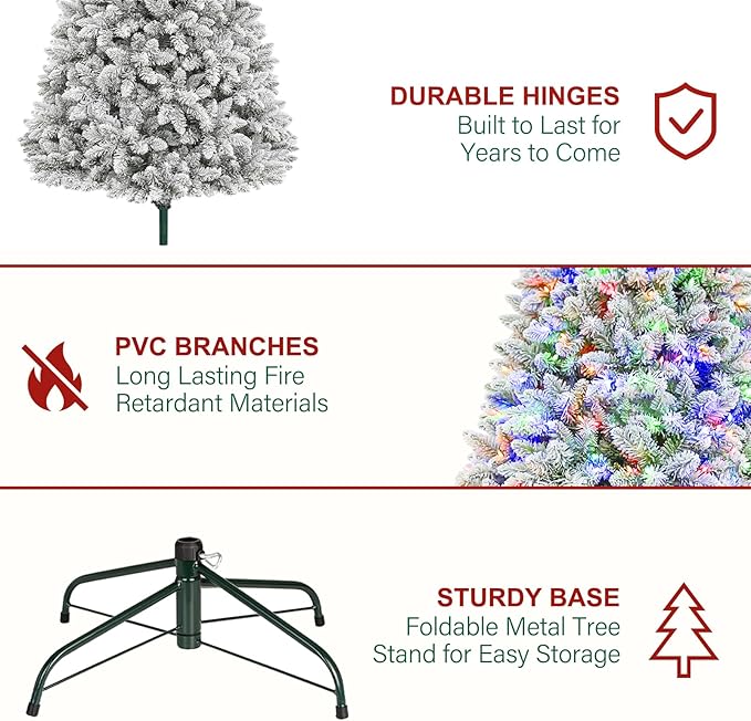 Hykolity 6ft Prelit Artificial Christmas Tree, 10 Light-Mode Snow Flocked Christmas Tree with 250 Multicolor LED Lights, 1032 PVC Tips, Easy Setup Xmas Trees with Sturdy Metal Stand