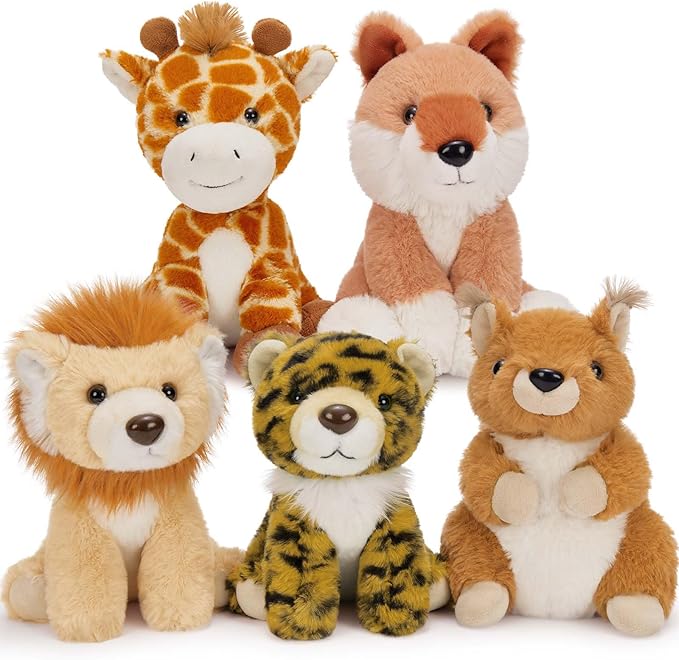 Muiteiur 5 Piece Forest Stuffed Animals,7.1 Inch Cute Jungle Plush Toys, Stuffed Animal Bulk (Tiger,Lion,Fox,Giraffe, Squirrel),Gift for Kids