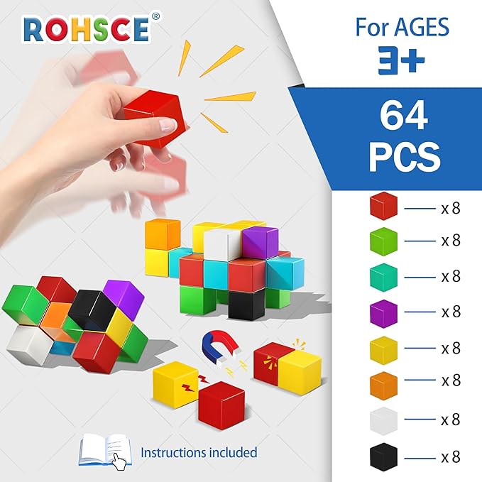 Magnetic Blocks 64PCS - Colorful Cube Construction Set, STEM Preschool kit, Safe ABS no-Odor, CPC ASTM Compliant, Travel-Ready, Ages 3–12, Perfect for Birthday