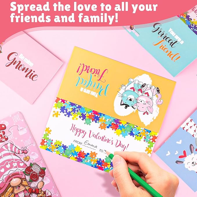 MOVINPE Valentines Day Gifts for Kids - 30 Pack Jigsaw Puzzle with Valentines Cards Headers for Kids - Valentine Day Exchange Gift Puzzle Classroom Prizes for Girls Boys School Class Bulk