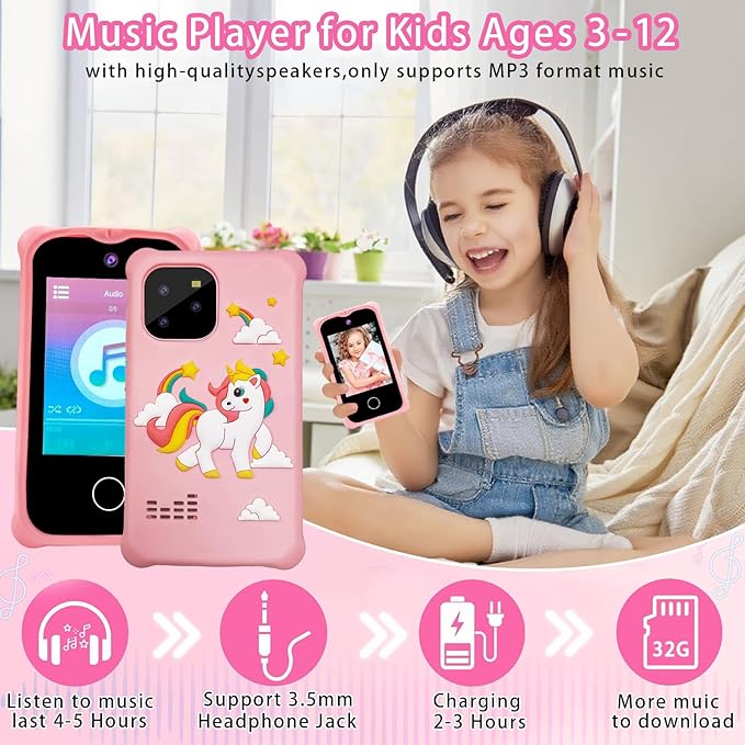 Kids Smart Phone, Christmas Birthday Gifts for Girls Age 3-12, 2.8" Touchscreen Toddler Learning Play Toy Phone with Dual Camera, Game, Music Player, 32GB Card （Pink）