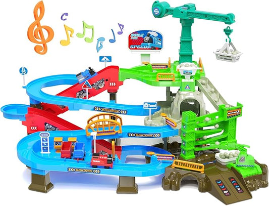 64PCS Train Engineering Adventure Track Toy for Kids 3+,Electric Climbing Ladder, Rotating Crane, Multi-Level Obstacles, Realistic Mining World with Parking&Gas Station,Ideal Gift