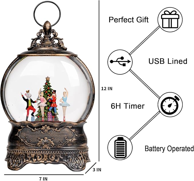 Christmas Snow Globe Lantern, Clara &Nutcracker and Mouse King Christmas Tree Musical Snow Water Lantern Swirling Glittering Holiday Decorations Gifts for Family, Children or Friends