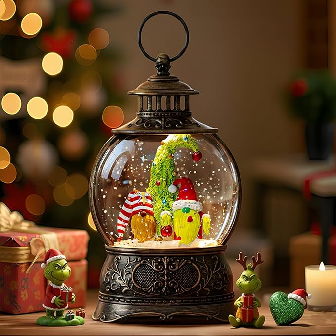 Christmas Snow Globes Christmas Water Lantern with Gnome Whimsical Christmas Tree, Music & 6H Timer, USB Lined/Battery Operated Lighted Lanterns for Xmas Festival Decoration Gifts