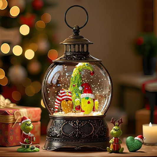 Christmas Snow Globes Christmas Water Lantern with Gnome Whimsical Christmas Tree, Music & 6H Timer, USB Lined/Battery Operated Lighted Lanterns for Xmas Festival Decoration Gifts