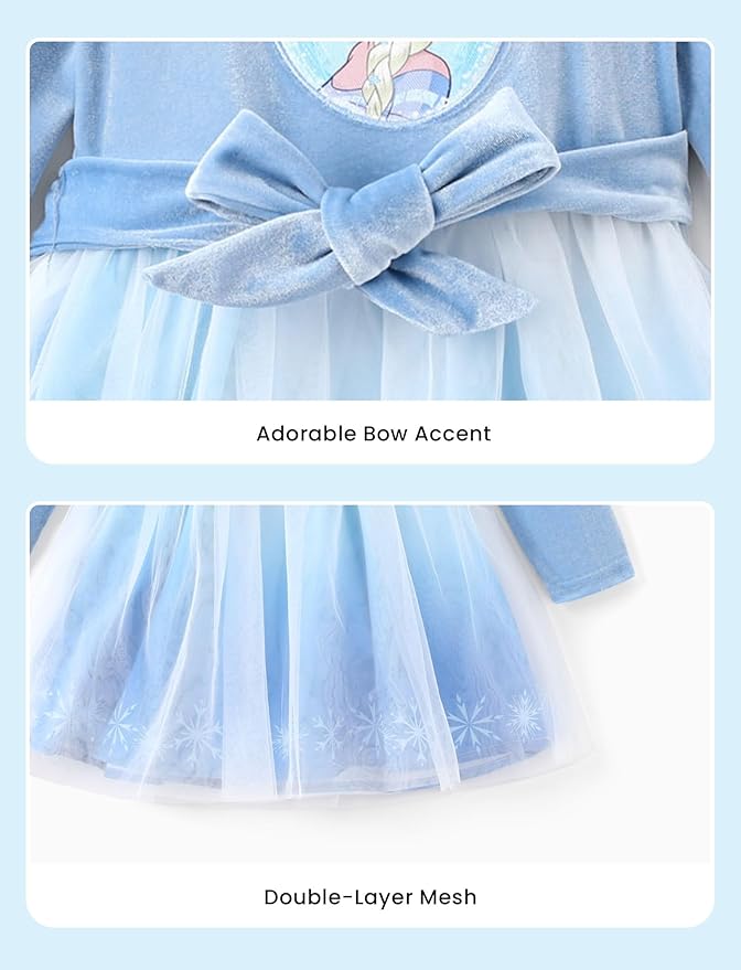 Disney Frozen Elsa Princess Cinderella Ariel Jasmine Rapunzel Baby/Toddler Dress, Ruffle Long-Sleeve Mesh Overlay Tulle Dress