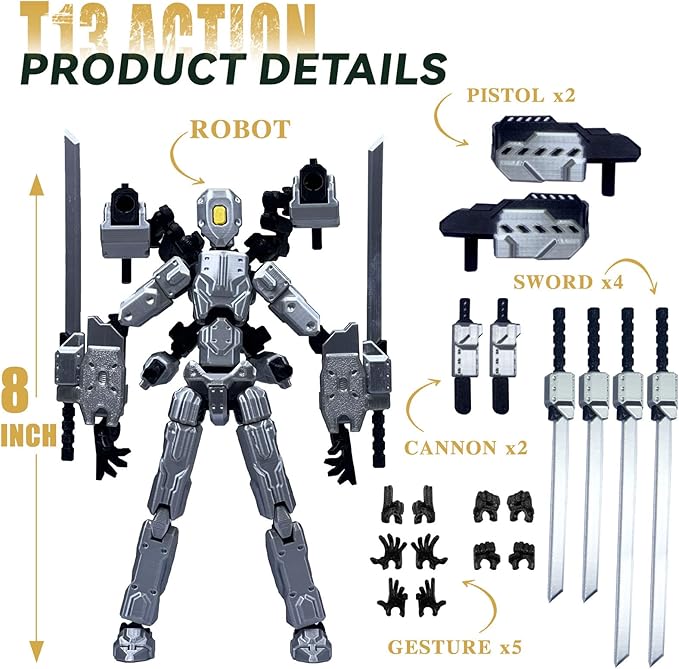 8 inch T13 (Assembly Completed) Action Figure Set,T 13 Multi-Articular Mobile Robot Nova T-13,Desktop Decorations for Game Lovers Toys (Gray)
