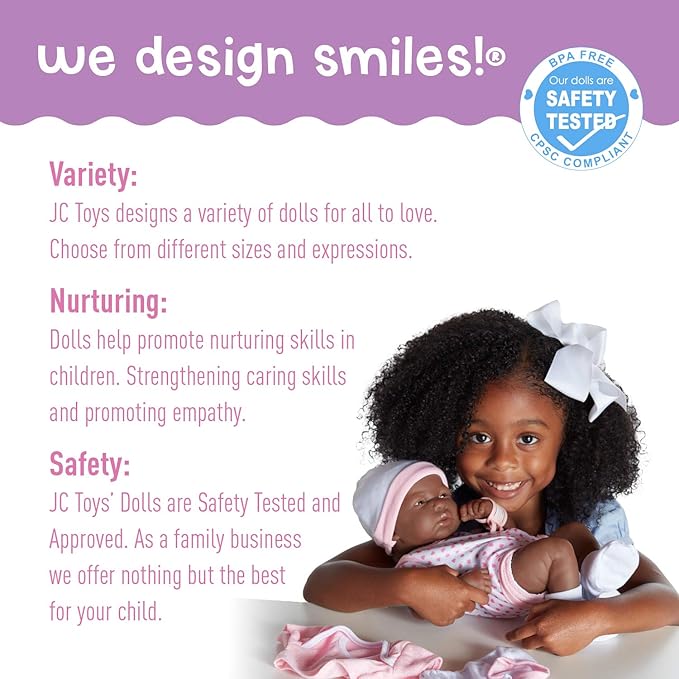 8 piece Layette Baby Doll Gift Set | JC Toys - La Newborn Nursery | 14" Life-Like African American Newborn Doll w/ Accessories | Pink | Ages 2+