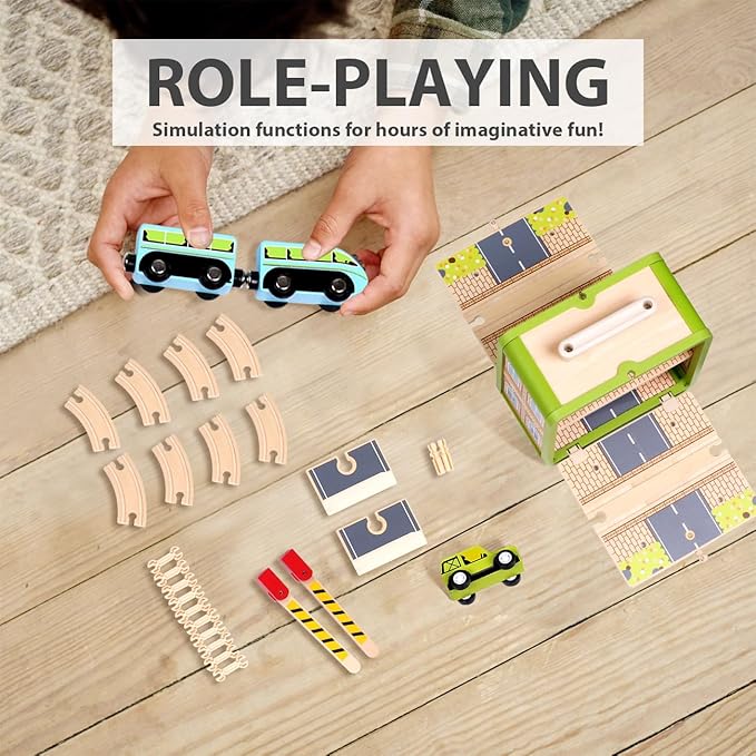 Wooden Train Track Set, Wooden Railway Set Toy with Magnetic Train for Toddlers, Train Set with Blocks Storage Box for Kids Boys and Girls Ages 3+