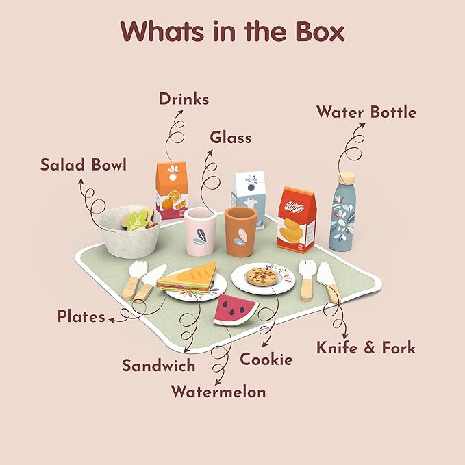 SPEEDY MONKEY Wooden Picnic Basket Playset – FSC Certified Pretend Play Food & Fruit Toy for Toddlers & Preschoolers, Outdoor Picnic Travel Adventure, Kitchen Role Play Set for Boys & Girls