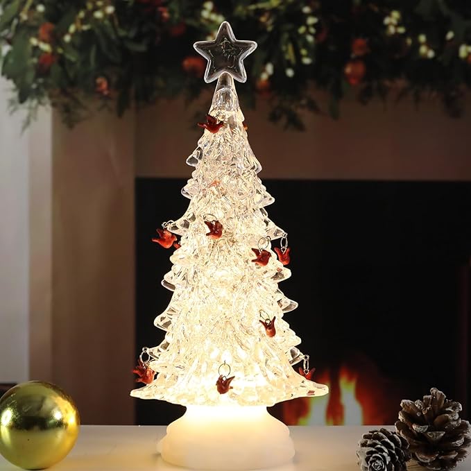 Acrylic Christmas Tree Table Decor, Light up LED Cardinal Christmas Tree Snow Globe with Swirling Glitte, Warm Lights Holiday Party Mantel Decorations Gifts for Family & Cardinal Lovers