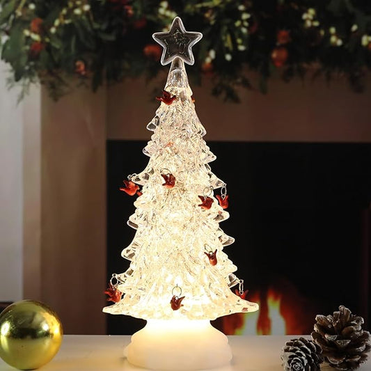 Acrylic Christmas Tree Table Decor, Light up LED Cardinal Christmas Tree Snow Globe with Swirling Glitte, Warm Lights Holiday Party Mantel Decorations Gifts for Family & Cardinal Lovers