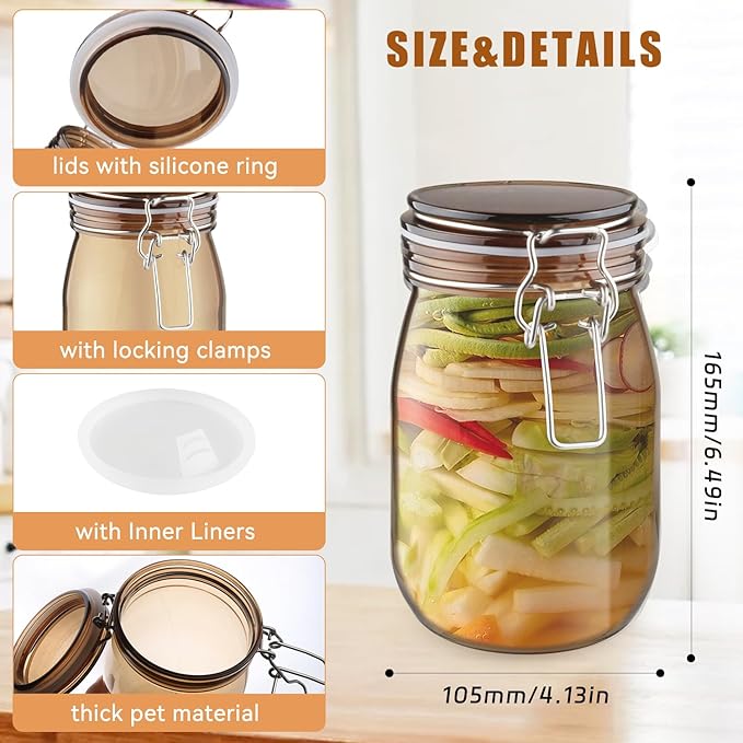 2 Pcs PET Plastic Storage Jar with Clamp Lid Empty Food Storage Container Bottle Large Refillable Canister For Nuts Sugar Coffee Candy Cookie Tea Spices And More (amber, 1000ml/33oz)