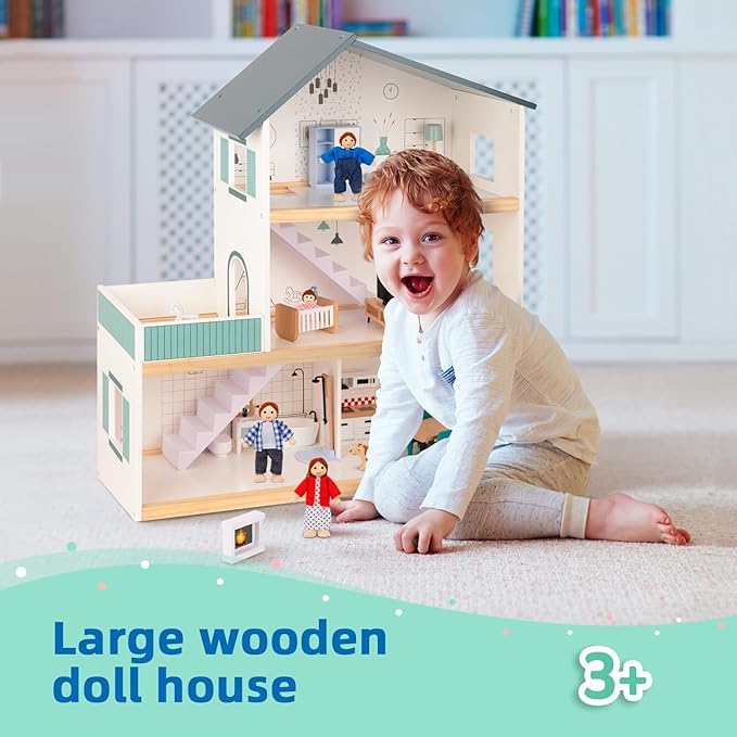 Wooden Dollhouse for Kids, Doll House with Simulated Luxury Furniture Set, Dollhouse Playset for Girls Toddlers (Including 4 Family Dolls and a Dog)