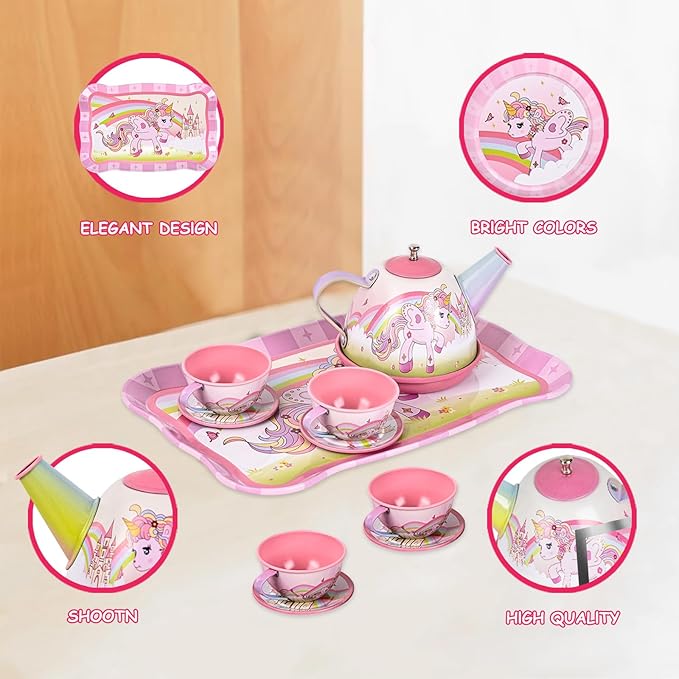 Unicorn Tea Party Set for Little Girls Ages 3-6, 15-Piece Pretend Play Kitchen Toys with Teapot, Cups, Plates & Storage Case, Princess Gift Set