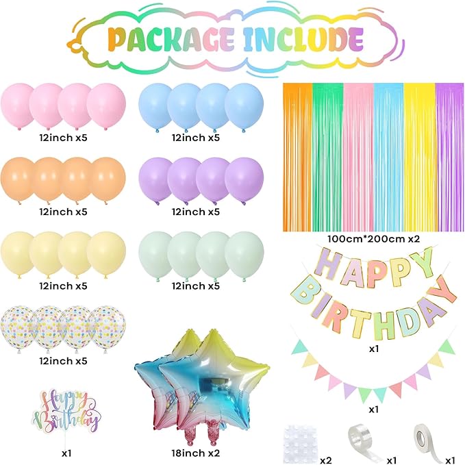 Pastel Birthday Decorations for Girls, Macaron Rainbow Pastel Color Balloons Reusable Happy Birthday Banner Sign Fringe Curtain Backdrop Cake Toppers for Kid Spring Baby Shower Party Decoration