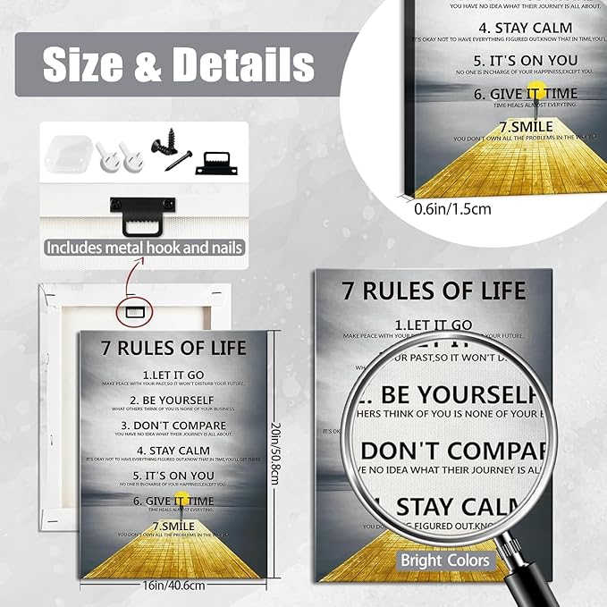 7 Rules of Life Motivational Wall Decor Inspirational Wall Art for Office & Home - Positive Quotes Canvas Prints Ready to Hang, Uplifting Wall Decor for Living Room, Bedroom or Office Wall Art
