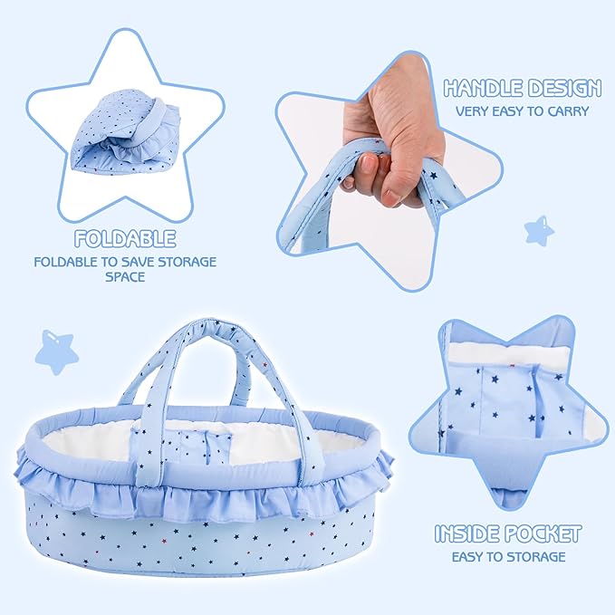 Aori 8 Pcs Reborn Baby Dolls Outfit Set with Bassinet Accessories for 16-18 Inch Baby Doll, Blue Carrier Bed and Baby Doll Clothes fit Newborn Baby Dolls