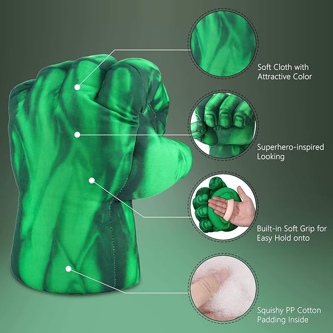PROVAINT Superhero Gloves Toy Fists for Kids – Soft Plush Costume Accessories for Pretend Play, Cosplay, Dress Up – Boys & Girls Gift for Christmas, Halloween, Birthday (1 Pair, Green)