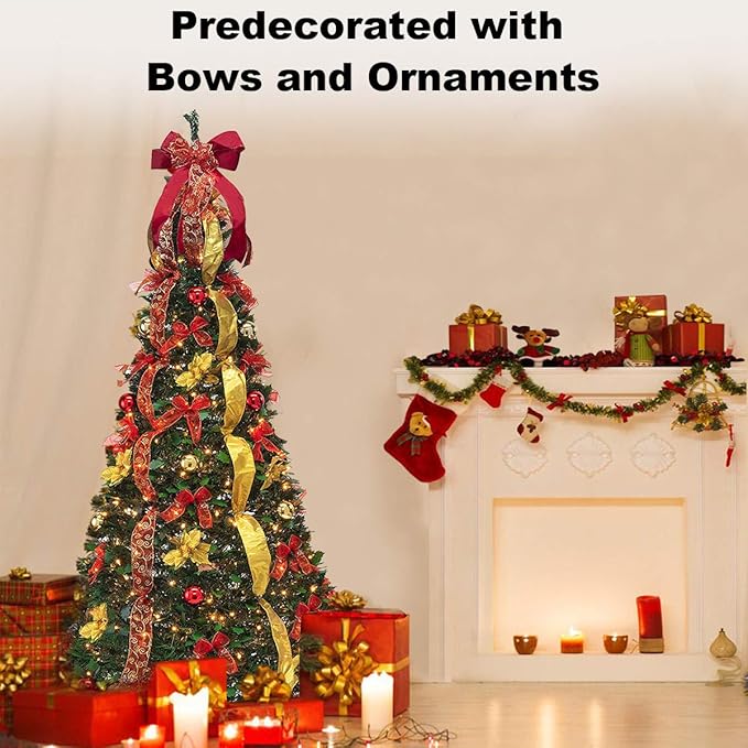 6FT Prelit Pull Up Artificial Christmas Tree with Lights, Decorations, Remote - Red, Gold Ornaments, Bows, Ribbons