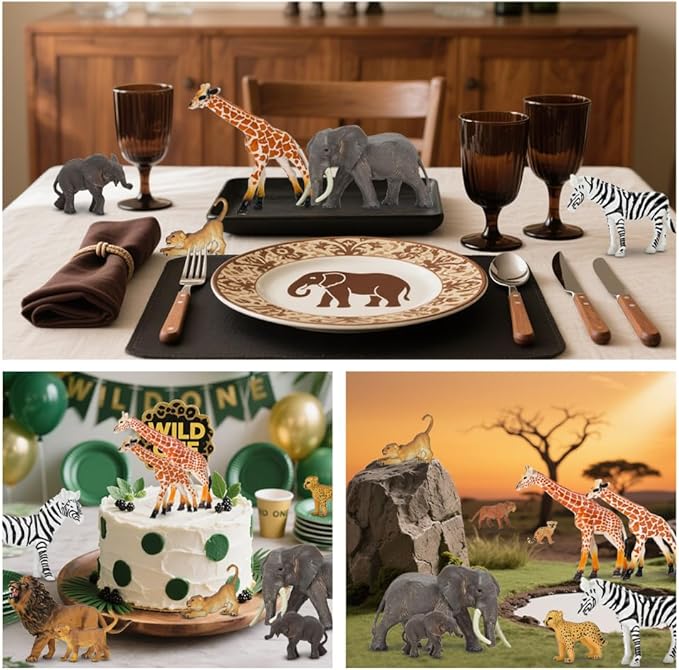 BOLZRA Safari Zoo Animals Figures Toys, 14 Piece Realistic Jungle Animal Figurines, African Wild Plastic Animals with Lion, Elephant, Giraffe Educational Learning Playset for Toddlers, Kids, Children