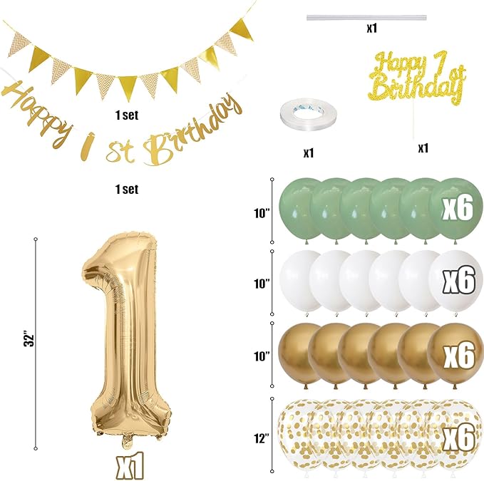 1st Birthday Decorations for Boys Girls, Sage Green White Gold Birthday Balloons with Happy 1st Birthday Banner First Birthday Cake Decoration Number 1 Balloon for Baby 1 Year Old Birthday Party Decor