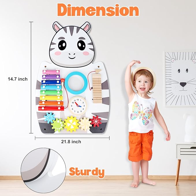 Sensory Wall Panels for Kids - 5 Activities Zebra Wooden Wall Mounted Toy for Daycare - Safety Decor for Toddlers Sensory Playroom