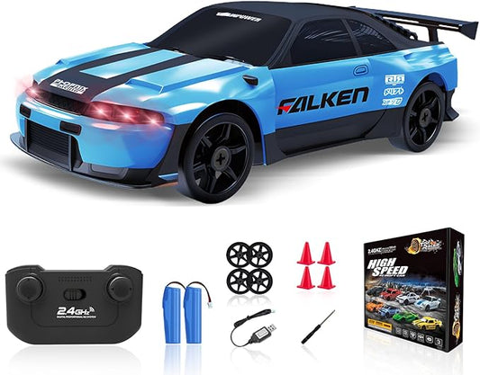 1/24 4WD High Speed RC Car with LED Light, Two Rechargeable Batteries and Drift Tires, RC Car for Kids and Adults, Blue