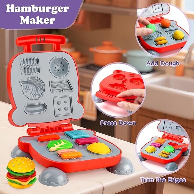 60 PCS 3 in 1 Dough Sets for Kids Ages 3-4-8, Art Crafts Dough Tools Kit, Unicorn Hair Stylist, Ice Cream Playset Hamburger Maker Machine, Kitchen Creations Food Play Toys Boys Girls