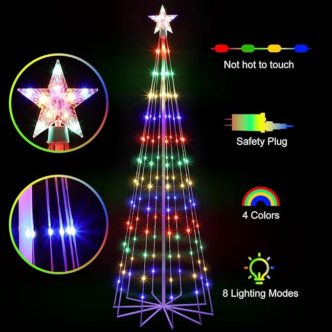 10' LED Animated Outdoor Christmas Tree, Multicolor Lightshow Lighted Cone Wire Tree with Topper Star, Christmas Outdoor Decorations Artificial Lighted Tree for Indoor Yard Patio