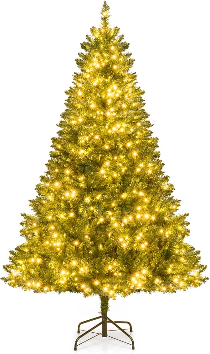 Goplus 6 FT Pre-Lit Artificial Christmas Tree, Hinged Xmas Tree with 814 Branch Tips, 700 Warm White LED Lights, 7 Lighting Modes & Folding Metal Stand, Seasonal Decoration Tree for Home Party Holiday