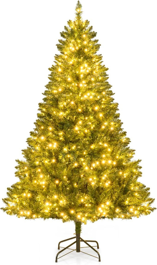 Goplus 6 FT Pre-Lit Artificial Christmas Tree, Hinged Xmas Tree with 814 Branch Tips, 700 Warm White LED Lights, 7 Lighting Modes & Folding Metal Stand, Seasonal Decoration Tree for Home Party Holiday