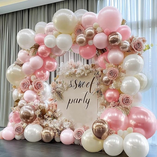 Pearl Pink White Balloon Garland Double Stuffed Light Pink Champagne Gold White Sand Balloon Arch Kit for Baby Shower Birthday Bridal Shower Wedding Birthday Party Decorations