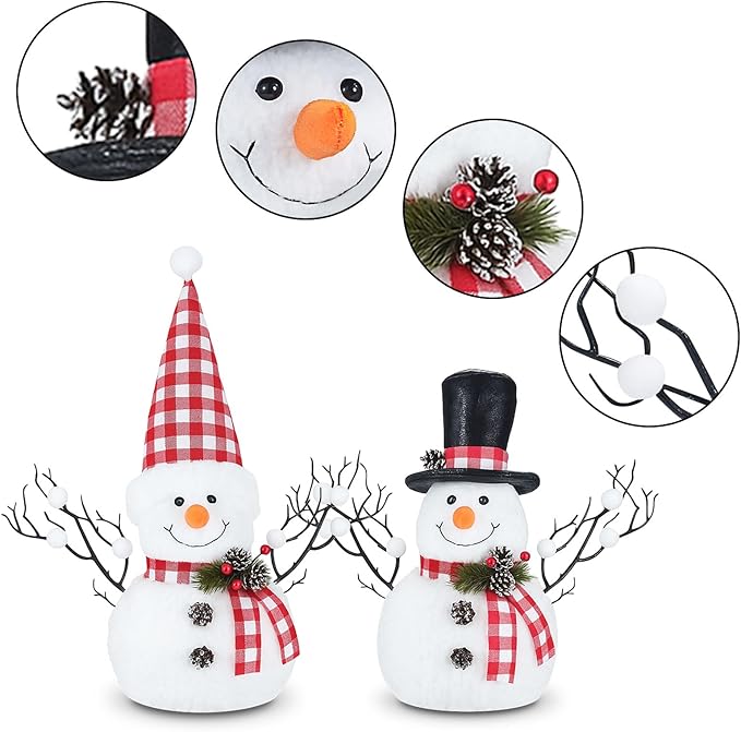 2 Pack Red and White Christmas Table Decor, 14" Lighted Plush Christmas Snowman Decorations, Light Up Snowman Holiday Present, Table Mantel Desk Fireplace Shelf Home Minimalist Decor