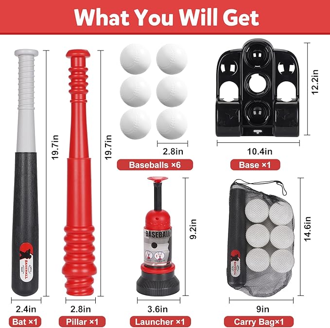T Ball Set, Tee Ball Set for Kids 3-5 with 6 Large Baseballs & Automatic Pitching Machine & Adjustable Batting Bat, Outdoor Games Sports Toy Gift for Toddlers Boys Girls Ages 5-8 8-12