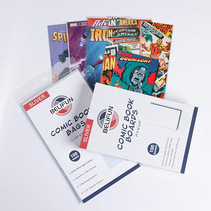 100ct Silver-Age Comic-Book-Bags and Boards - Reusable Comic Book Boards and Bags for Comic Book Storage, 1 1/2" Flap Comic Bags and Backing Boards, Clear Protector and Protection Board Cardboards