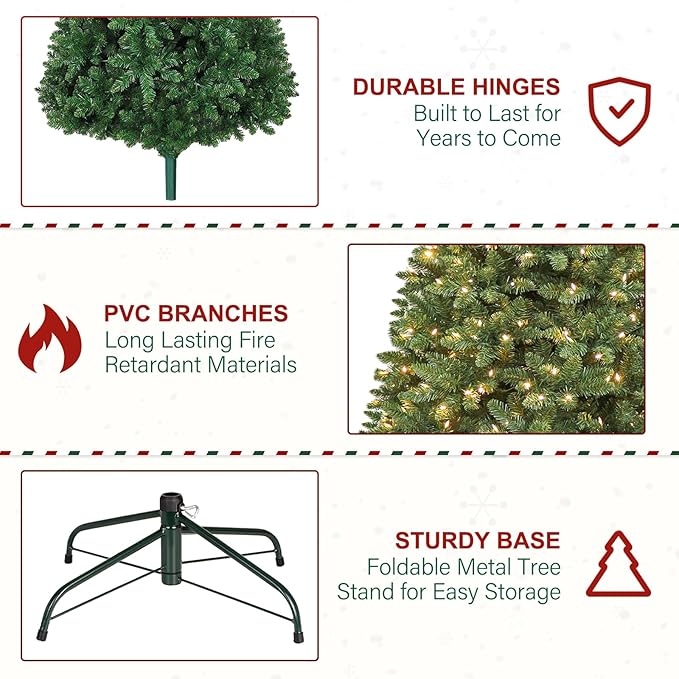 7.5 ft Lighted Artificial Christmas Tree, 450 Warm White LED Lights, 1450 PVC Branch Tips, Metal Stand and Hinged Branches for Home, Decorating