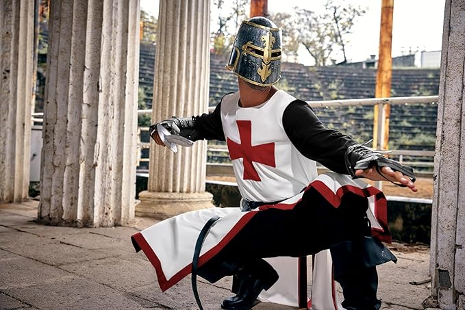 Ryannology Mens Crusader Costume Medieval Templar Renaissance Knight Warrior Tunic Retro Halloween Cosplay Top with Cross