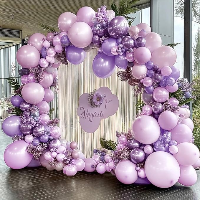 Pearl Purple Balloon Arch, Double Stuffed Light Pastel Purple Balloons Different Size Lavender Lilac Latex Balloon Garland Kit for Birthday Bridal Wedding Baby Shower Party Decorations