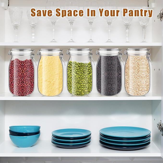 2 Pcs PET Plastic Storage Jar with Clamp Lid Empty Food Storage Container Bottle Large Refillable Canister For Nuts Sugar Coffee Candy Cookie Tea Spices And More (clear, 1650ml/55oz)