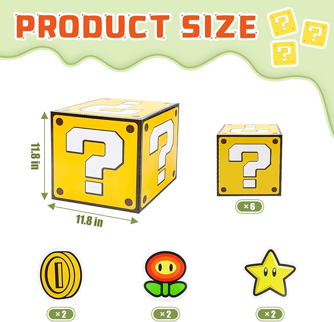 6PCS Big Party Boxes, Question Boxes and 6 Set Centerpieces for Kids Boys Girls Birthday Party Decorations, Game Party, Christmas Halloween Classroom Supplies Favor. (11.8 x 11.8 Inch)