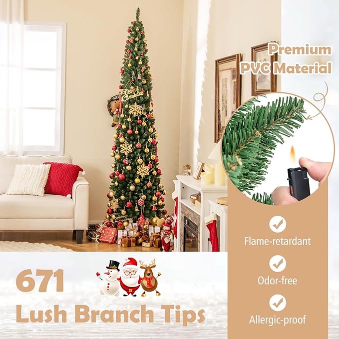 GOFLAME 8FT Prelit Pencil Christmas Tree, Slim Artificial Xmas Tree with 671 Memory Wire Branch Tips, 250 Warm White LED Lights & Upgraded Metal Stand, Seasonal Holiday Decoration Tree for Home Party