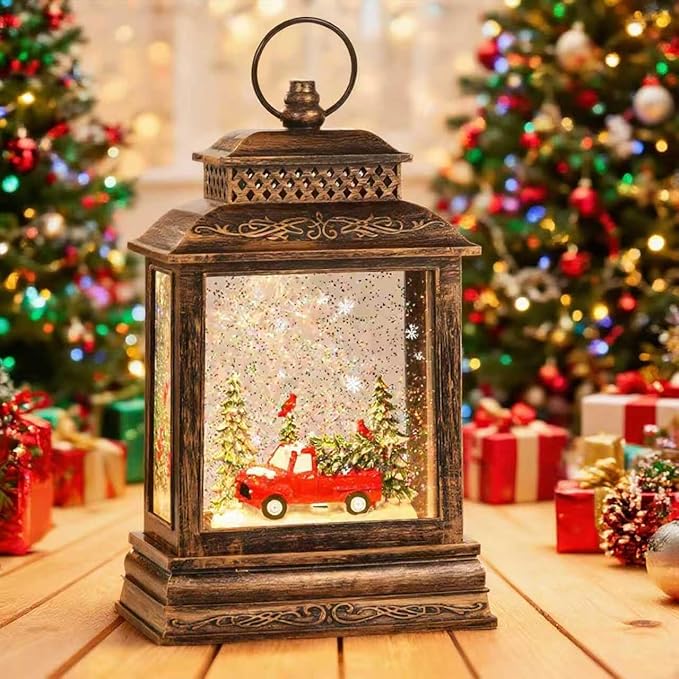 11.75" Christmas Snow Globe Lamp with Christmas Tree & Red Truck Inside,Musical Waterglobe Holiday Decor with 6h Timer,USB Power, Indoor Use for Festive Room Light, Best Gift for Christmas,New Year